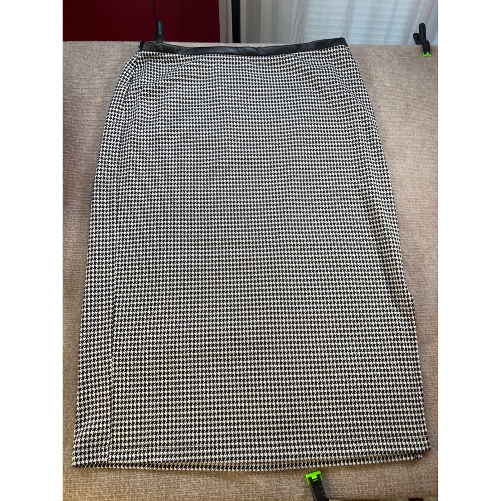 Avenue Womens Plus Size 18/20 Houndstooth Pencil Skirt Faux Leather Trim Black - Picture 2 of 7